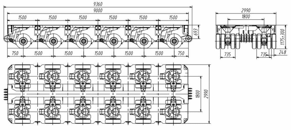 Drawing 6 axles hydraulic modular trailer